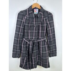 Vintage Y2K ROXY Women's Small Gray Pink Plaid Button Front Trench Style Coat
